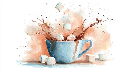 A vibrant watercolor illustration of a blue cup spilling liquid with marshmallows splashing amidst a colorful background.