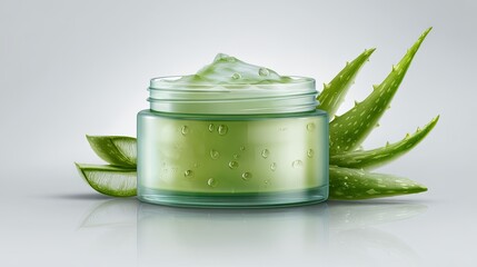 A clear jar of green aloe vera gel sits beside fresh aloe leaves, highlighting its natural and soothing properties for skincare.
