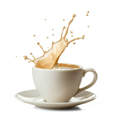 A cup of coffee with a splash of milk on a white background.