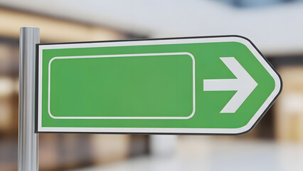 Modern green arrow-shaped directional sign mockup with blank text space, customizable wayfinding sign template, empty road sign with blurred background.