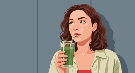 Thoughtful young woman enjoys a refreshing and healthy green detox drink, embracing a vibrant lifestyle and mindful wellness routine in a bright, modern setting