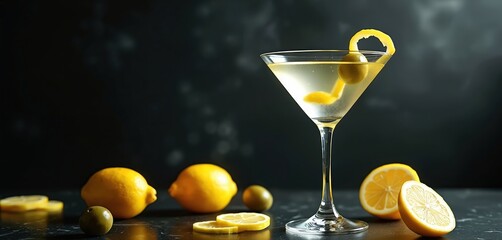 Clear martini cocktail in glass with olive and lemon peel garnish. Whole and sliced lemons with olives and scattered slices on dark surface. Elegant drink.