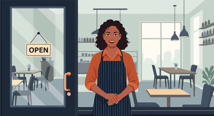 Friendly woman entrepreneur stands proudly at the entrance of her freshly opened small business cafe, ready to welcome customers with a warm smile