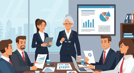 Business professionals collaborating in a meeting room analyzing charts and graphs on a table, depicting teamwork and strategic planning