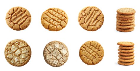 A variety of cookies, including peanut butter cookies and gingersnap cookies, arranged in a grid on a white background.