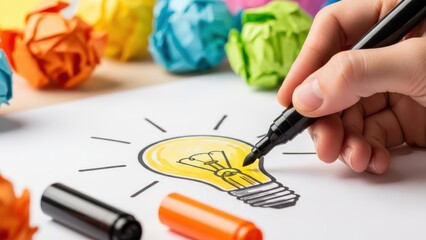 Hand drawing a lightbulb idea with colorful crumpled paper background