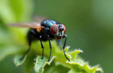 Black soldier fly macro shot on green leaf. Insect with large red eyes and iridescent body. Natural pest control, beneficial bug in garden ecosystem. Black Soldier Fly larvae used for waste recycling.