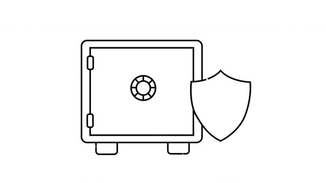 A line drawing of a safe with a shield next to it