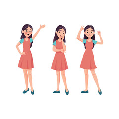 Set girl dressed in a dress with a variety of emotions and poses. Vector illustration
