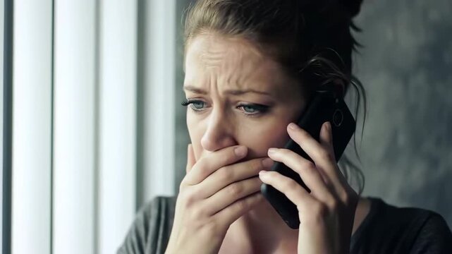 Close up of an emotional young woman with tears in her eyes talking on a black mobile phone in a gray room.  Shot by a window with natural lighting.