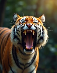 Fototapeta premium Close-up view of angry tiger roaring with open mouth showing sharp fangs. Fierce predator with black stripes on orange fur bares its teeth in aggressive display. Wildlife in jungle background.