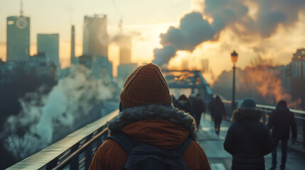 Urban commuters traveling across a city bridge under polluted air conditions, highlighting daily life, transportation, and environmental health concerns.
