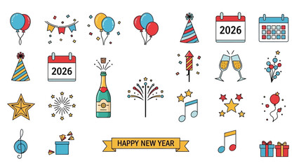Colorful New Year Icons Balloons, Party Hats, Fireworks, and Festive Decorations for Celebration