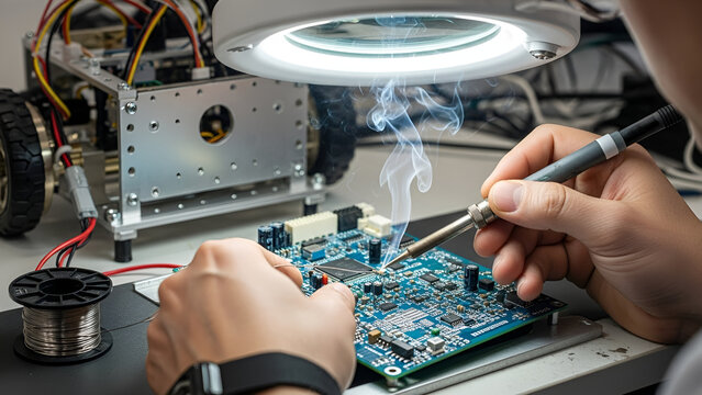 Extreme close-up professional photograph of an engineer's hands using a soldering iron to assemble or repair a complex blue Printed Circuit Board (PCB). The work is being performed under a bright magn