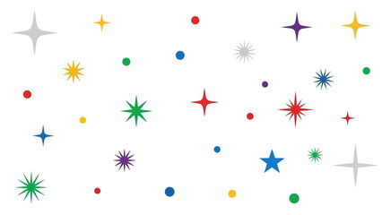 Colorful starbursts and dot elements in a pattern on a white background, perfect for design and decoration