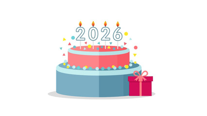Celebrating 2026 A Festive Cake with Candles and a Gift for the New Year's Celebration