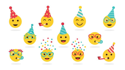 Festive Emoji Party A Collection of Smiling Faces with Party Hats and Accessories Celebrating Fun
