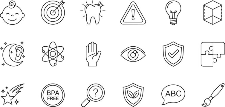 Comprehensive Vector Line Icon Set for Safety, Health, and Education, Featuring Baby and Childcare, Dental Health, Science, Security Shields, and Creative Arts Symbols.