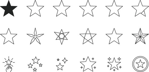 Comprehensive Set of Minimalist Vector Line and Solid Star Icons Used for Customer Rating, Reviewing Quality, Favorite Selection, and Sparkling Achievement Symbols for Interface Design.