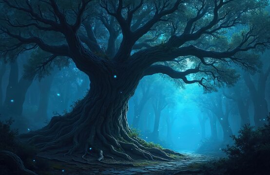 Mystical ancient forest with glowing orbs. Giant gnarled tree roots spread across path. Luminescent lights float in deep blue mystical woods. Enchanted nature scene.