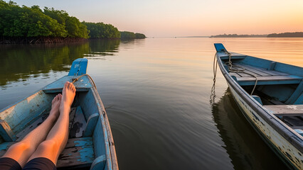 Relaxing on a Boat at Sunset with Bare Feet