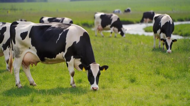 Herd Of Holstein Friesian Cows Grazing In A Lush Green Meadow Under Bright Sunlight In Rural Landscape