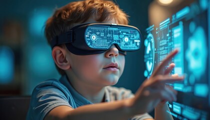 Young boy wears VR headset interacts with glowing futuristic interface. Child uses augmented reality device for immersive virtual learning and exploration. Futuristic education and tech.