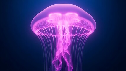 Bioluminescent pink jellyfish with long tentacles floating in deep blue ocean water