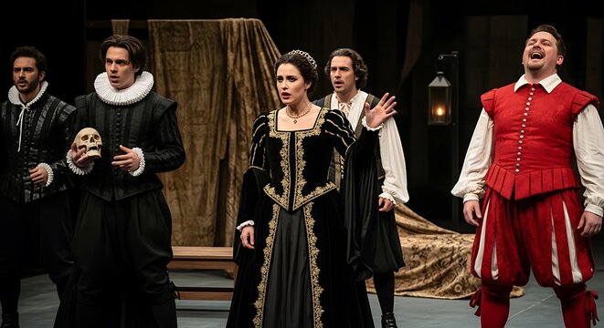 Dramatic theatrical performance with actors in historical costumes on stage.