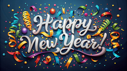 Happy new year text with colorful confetti and streamers on dark background