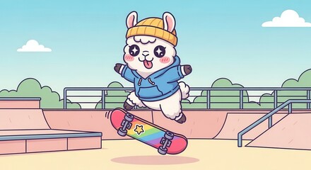 Obraz premium Adorable cartoon alpaca performs a trick while riding a colorful skateboard at an outdoor park