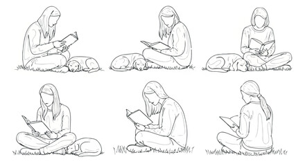 Woman reading book and using tablet with dog