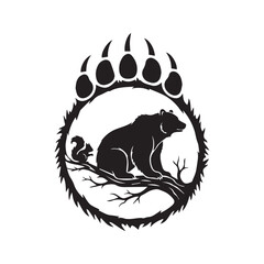 Bear Paw Print Silhouette Vector Illustration Featuring a Sitting Grizzly and Squirrel Inside a Large Claw Mark Design
