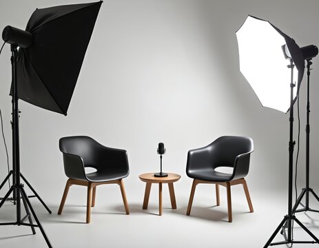 Minimalist studio setup with two chairs small table and microphone. Two large lighting umbrellas are positioned for filming or recording. Modern clean aesthetic for interviews podcasts or broadcasts.