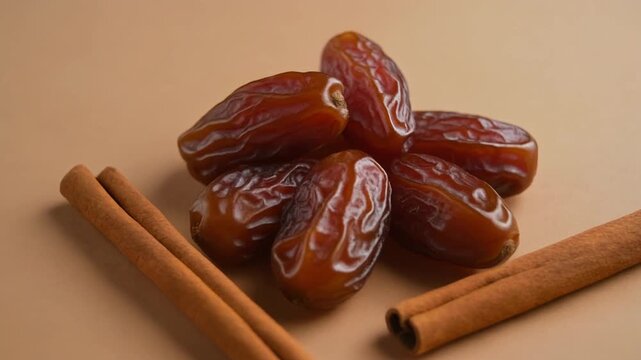 Overhead shot of dates and two cinnamon sticks on a warm beige background. Ideal for autumn, baking, and food aesthetic content.