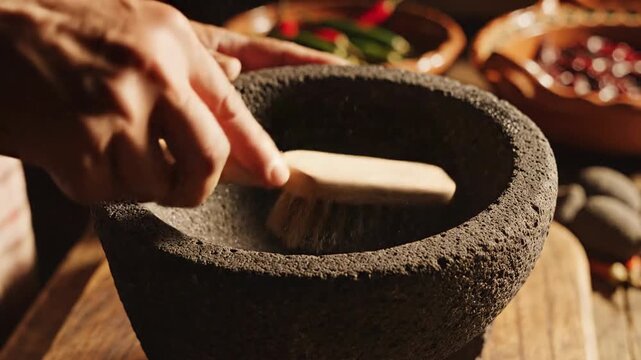 Preparing Traditional Mexican Salsa in a Molcajete.