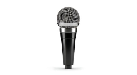 Professional dynamic microphone with black handle and silver grille, isolated on white background