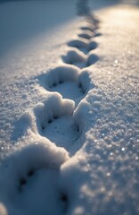 Obraz premium Animal paw prints march across a sunlit snow field. Crisp winter tracks create a clear path, highlighting cold white ground and sparkling ice crystals. Shadows lengthen as daylight fades.
