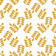 seamless vector pattern stylized wheat or grain stalks in a yellow-gold color on a white background.