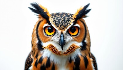 Obraz premium Great horned owl stares intensely forward. Detailed close-up shows vibrant orange eyes, sharp beak, and intricate feather patterns. This wild bird of prey is majestic and wise.