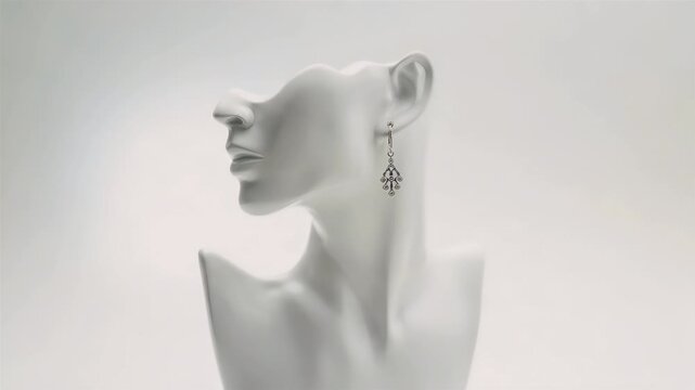 Elegant Silver Dangle Earring on White Mannequin Head Subtle Textured Background Studio Lighting
