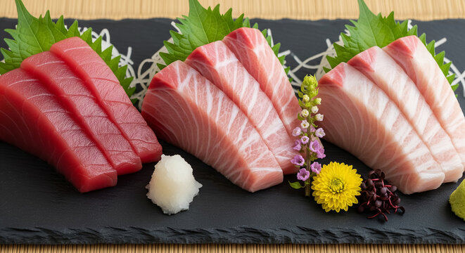 Assorted Honmaguro Tuna Cuts On Black Slate Plate