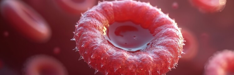 Macro view of red blood cells in microscopic view. Cells show spikes and fluid inside. Blood cells flow through artery or vein for medical science.
