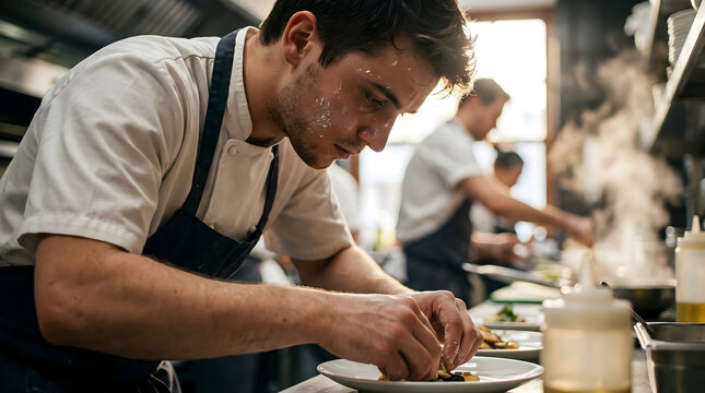 Chef preparando plato en cocina profesional