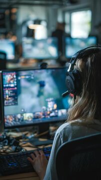 A young woman immersed in a multiplayer online game, showcasing the excitement of esports and digital entertainment. Professional gaming equipment and vibrant screen visuals are visible
