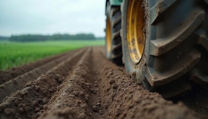 Tractor tire moves through plowed earth. Large treads grip muddy soil in field. Green crop grows distantly under overcast sky. Agricultural work on farm land.