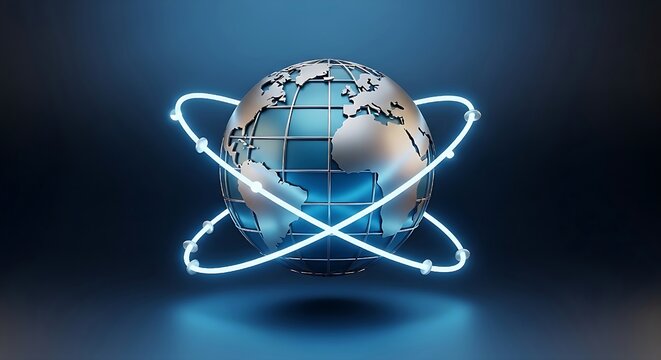 3D render of a metallic globe with glowing blue orbital paths, symbolizing global network, connectivity, and technology. - Powered by Adobe