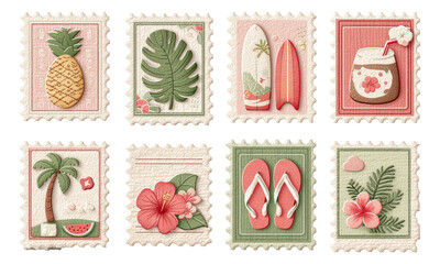 Cute Pastel Watercolor Vacation Stamp Collection with Tropical Themes and Illustrations