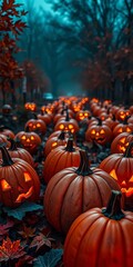 Obraz premium Spooky pumpkin patch with glowing jack-o'-lanterns and autumn leaves, spooky, outdoor