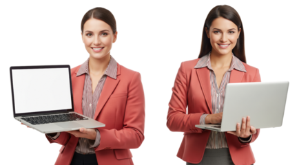 Young business women wearing light red clothes with laptop isolated on white or transparent background